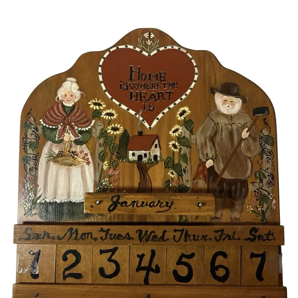Vintage Hand Painted Wooden Perpetual Calendar Wall Plaque Folk Art 23.5”x11”
